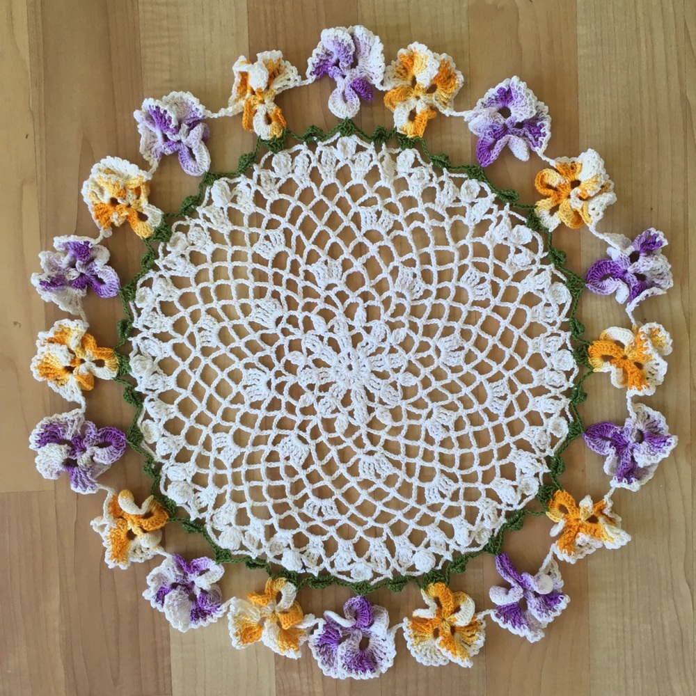 Pansy Doilie Doily Vintage Crocheted Floral Pansies Cottage Core Orange Purple
